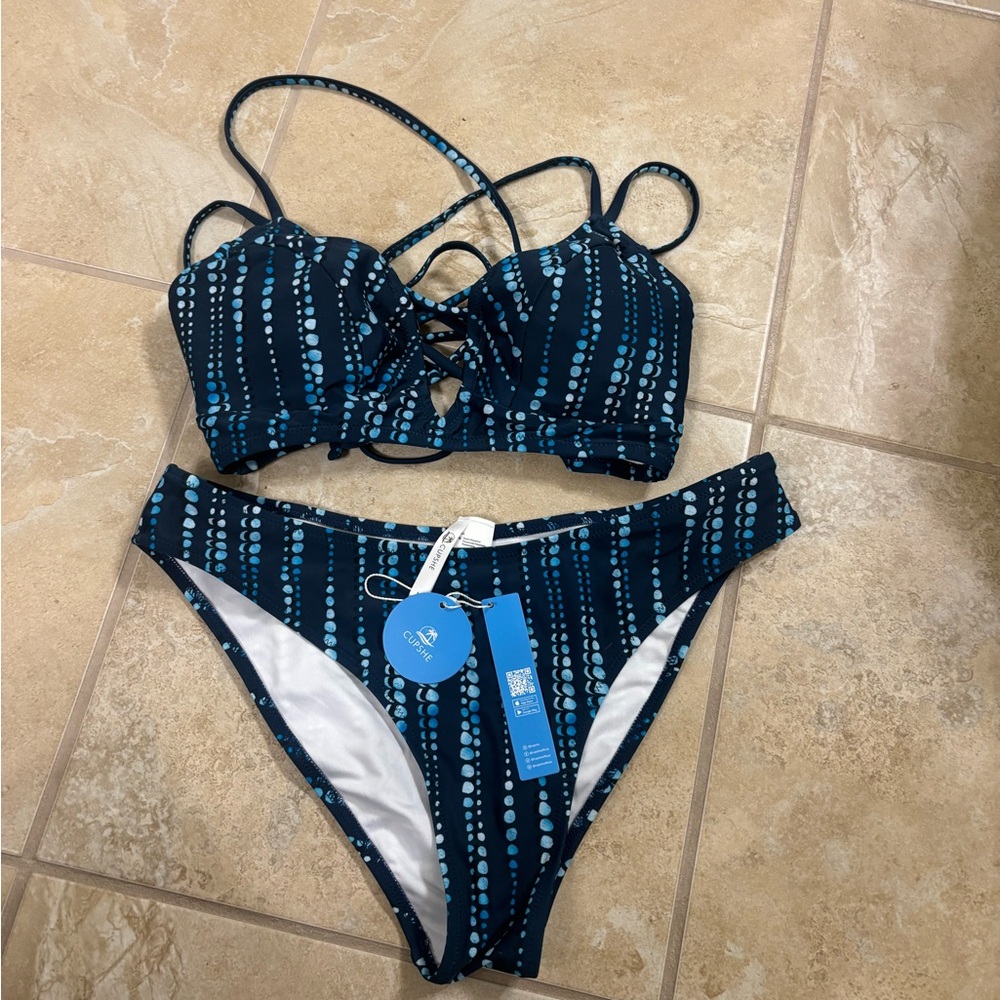 Cupshe Navy and White Striped Bikini Set